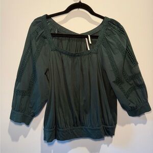 Anthropologie Green Blouse with Lace Accents